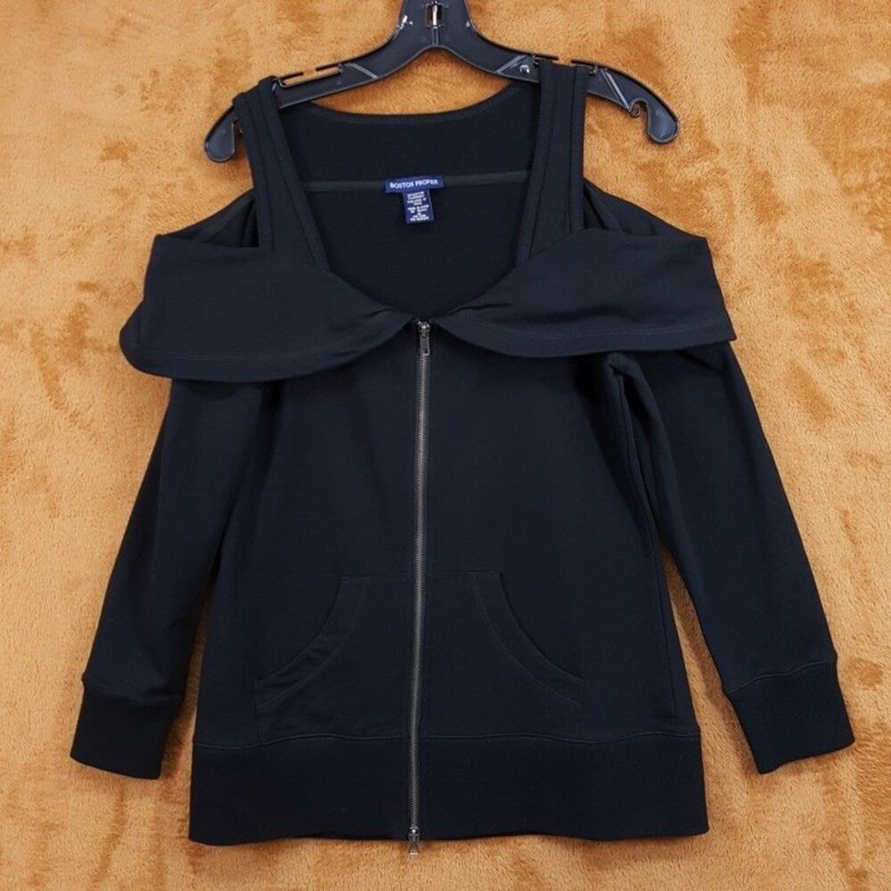 BOSTON PROPER Sweatshirt Womens Medium Black Zip Up Cold Shoulder Fold Over